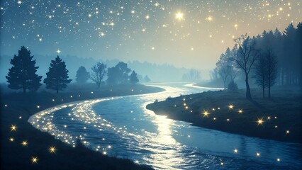 nighttime landscape, winding luminous river, silhouetted trees, glowing water reflections etc