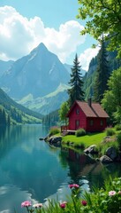Charming red lake cottage, lush green landscape, landscape, lakefront, idyllic