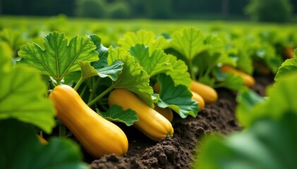Golden yellow squash vines sprawling across the field, summer squash, fall