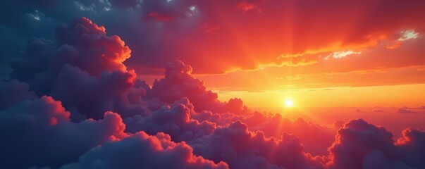 Fototapeta premium Fiery sunset, vibrant cloudscape, dramatic light, atmosphere, beautiful, dramatic