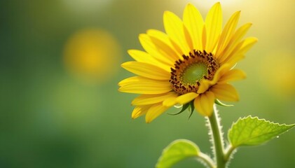 Obraz premium Single sunflower with delicate stem and leaves, delicate, yellow, flower