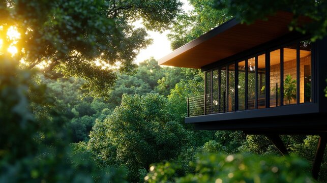 A modern treehouse nestled among lush greenery, bathed in warm sunlight, showcasing a harmonious blend of nature and architecture.