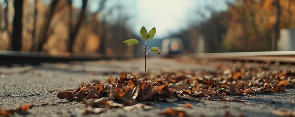 Symbolic new life concept with fragile seedling growing through asphalt cracks amidst scattered urban foliage, ideal for climate change reports and city resilience branding.