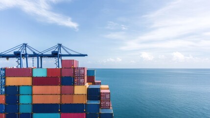 aerial view of bustling cargo terminal with colorful shipping containers and cranes forming geometric patterns in port