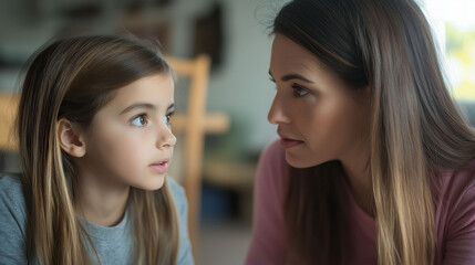 A young Latina girl chatting with her mother inside their home.