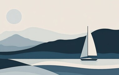 Peaceful sailboat on lake amidst mountains at dawn