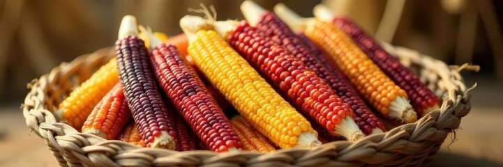 Intricate arrangement of multicolored corn in basket, surrounded by drying husks, farm, colorful, growing