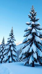 Obraz premium Snow-covered pine trees against a clear blue sky, natural, clear blue