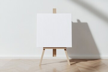 empty white canvas resting on sophisticated sleek easel in sunlit room with polished wooden floor casting subtle shadows