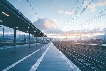 expansive railway platform with tracks stretching into distance overhead wires and signal lights form patterns against