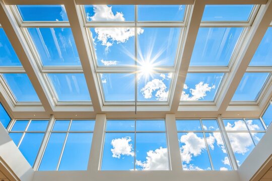 Bright Sunlight Through Gridded Skylight and Large Windows