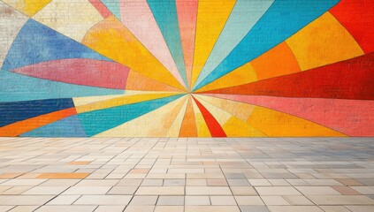 A vibrant and colorful brick wall mural with bold, angular lines in bright colors like orange, 