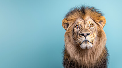 Fototapeta premium Majestic Lion Portrait: A regal lion, with a golden mane and focused gaze, stands centered against a turquoise backdrop, evoking power and serenity.