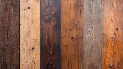 Naklejka premium A close-up view of various wooden planks showcasing different textures and rich colors, highlighting their natural beauty and grain patterns.