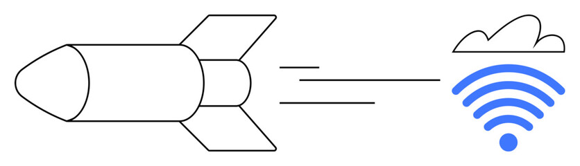 Rocket soaring forward, indicating fast progress toward a cloud with a wireless symbol. Ideal for communication, innovation, speed, technology, digital advancement, connection future. Flat simple