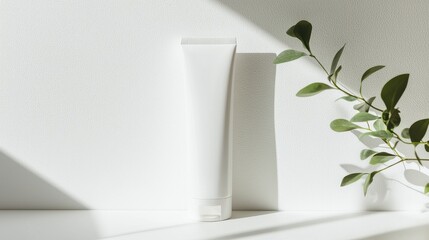 A minimalist image featuring a white cosmetic tube next to green foliage, illuminated by soft, natural light against a textured backdrop.