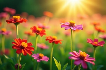 Fototapeta premium Valerianella flowers in a field of wildflowers with sunlight filtering through, bloom, light, nature