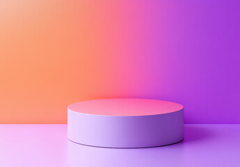 A minimalistic white podium against a vibrant gradient background of orange and purple, creating a modern and elegant visual display.