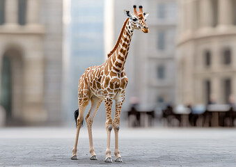 Giraffe in Urban Oasis: a striking giraffe stands serenely amidst the architectural grandeur of a modern cityscape, a juxtaposition of nature and civilization.