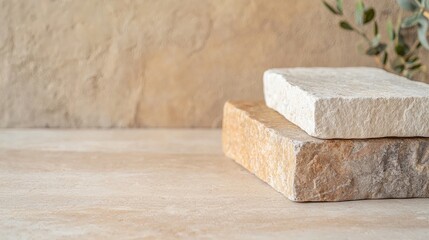A close-up view of stacked natural stones on a textured surface, showcasing earthy tones and a minimalistic aesthetic.