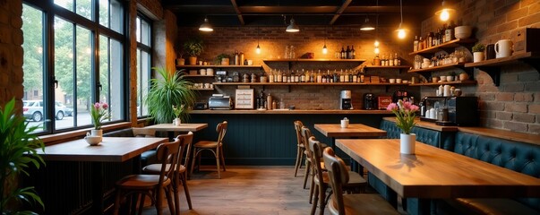 A cozy coffee shop with rustic decor and wooden tables, wooden, set, tables