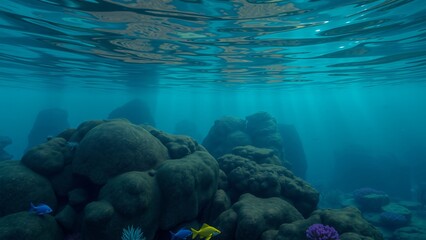 Fototapeta premium Underwater Scene Sunbeams Illuminating Ocean Floor with Rocks and Fish