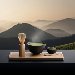 A wooden tray with a tea set on it, including a tea bowl, a tea whisk