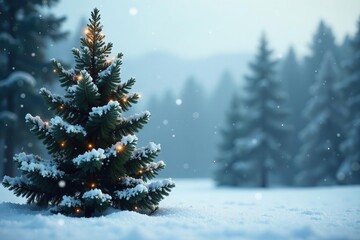 Obraz premium Fresh snowflakes fall gently around a towering evergreen tree, forest, Christmas tree, calm