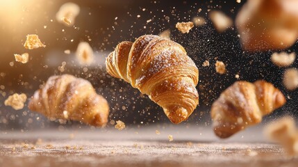 A captivating image of flying croissants, dusted with flour, creating an enticing and dynamic visual of freshly baked pastries.