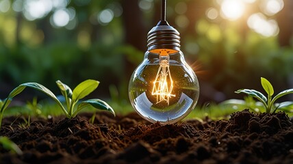 Clear glass light bulb placed upright on a grassy surface