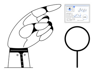 Hand gestures toward analytical dashboard displaying graphs, charts, and statistics next to a magnifying glass. Ideal for analysis, research, review, data insights, technology, edtech flat simple