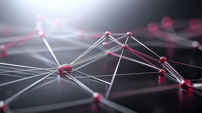 Futuristic network visualization with glowing nodes and connecting lines in a dark setting.