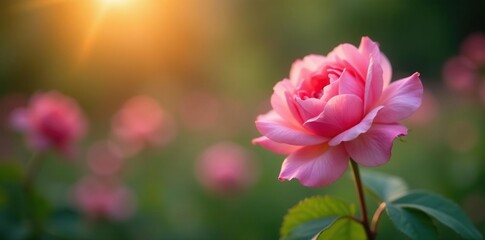 Fototapeta premium Soft focus background with a delicate pink rose in a garden at dawn, botanical, floral arrangement, gardenia