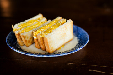 Delicious egg breakfast toast sandwich. Colse up