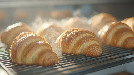 Freshly baked croissants cooling on a wire rack, exuding steam, highlighting their flaky layers and golden-brown texture.