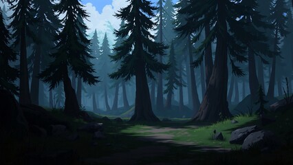 Obraz premium Serene Path Through a Dark Evergreen Forest