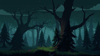 Enigmatic Twilight Forest Stylized Vector Illustration