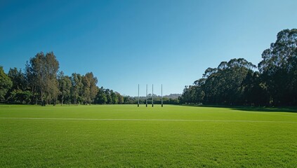 A wide-angle view of an empty rugby pitch, clear blue sky above and lush green grass stretching to the horizon.