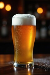 Tapa de cerveza con espuma latas y botellas desenfocadas en un fondo oscuro, bar, espuma