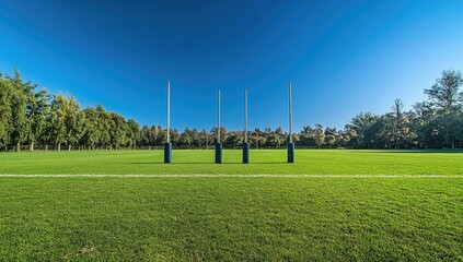 Obraz premium A wide-angle view of an empty rugby pitch, the focus on two high goal posts standing in perfect symmetry at either end.