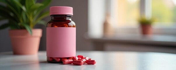 A bottle of hormone supplements with a soft pink cap on a table, table, pill bottles