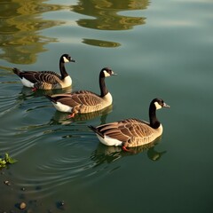Obraz premium Family of geese swim, ripples spreading from their wings , waterfowl, wild, Canada geese