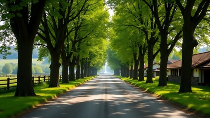 Obraz premium A beautiful countryside road lined with tall, lush green trees forming a natural tunnel, illuminated by soft morning sunlight, with wooden fences and cozy houses on the side. 
