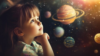 Naklejka premium Dreaming of the Universe: Young Girl Gazing at Colorful Planets in Cosmic Space