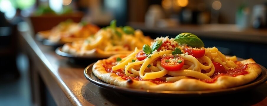 Platos de pasta y pizza en una barra de trabajo, mesa, jarrones