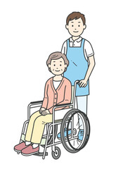 車椅子の高齢女性と介助ををする若い男性の全身イラスト