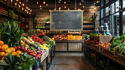 A well stocked fruit and vegetable store with a chalkboard sign