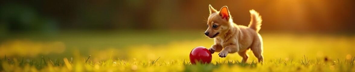 Cachorro pequeno olhando bola vermelha com brilho, curiosidade, cachorro pequeno