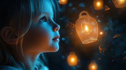 Naklejka premium Enchanting Child Gazing at Floating Lanterns in a Dreamy Night Sky