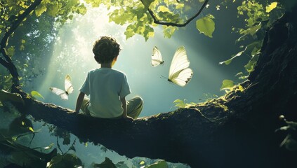 A young boy sits on the edge of an old tree branch, gazing at two butterflies flying in front of him with mesmerized eyes.